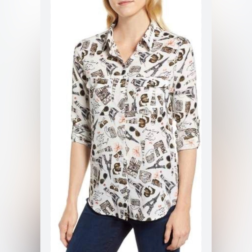 KARL LAGERFELD M Paris Roll tab polyester lightweight classic travel blouse